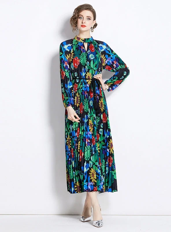 Printed Pleated Fringed Belt Dress Hot new arrivals in floral dresses