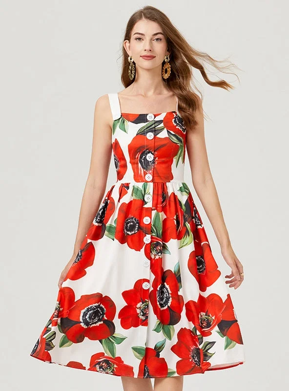 Printed Single-breasted Sling Slim Dress Comfortable floral dresses for everyday wear