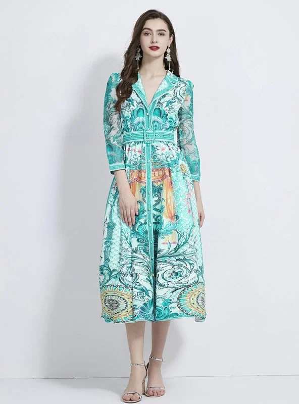 Retro Holiday Printed Long Sleeve Dress Shein floral dresses