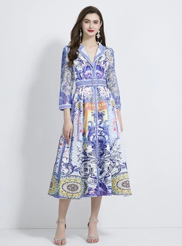 Retro Printed Long-sleeved Long Ruffled Dress Stretchy floral dresses