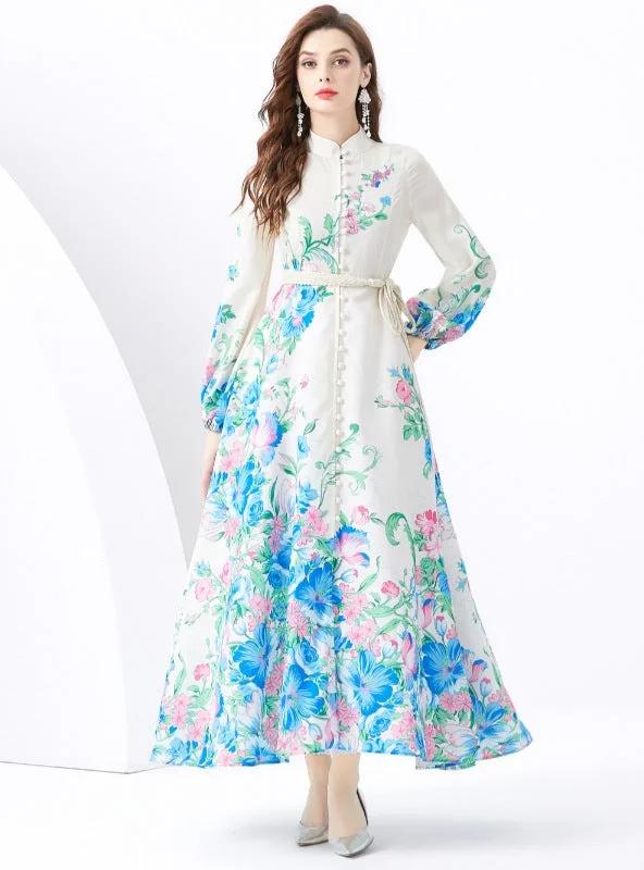 Retro Stand-up Collar Single-breasted Printed Long Dress Halter floral dresses