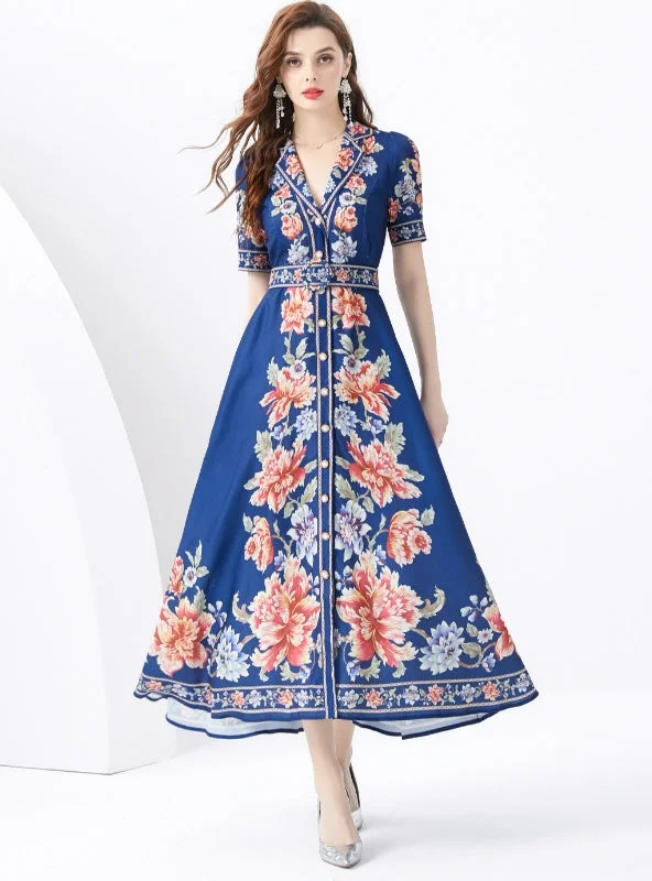 Short-sleeved Plant Print Long Dress Sexy floral print dresses