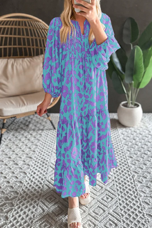 Sky Blue Abstract Print Puff Sleeve Tied Notched Neck Long Dress Must-have floral dresses for this season