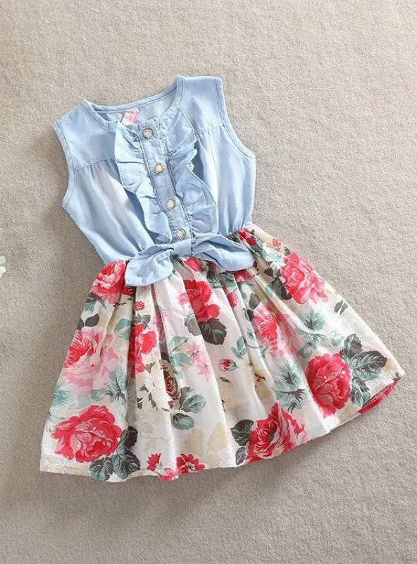 Sleeveless Denim Floral Dresses With Button Kids Princess Spring floral dresses