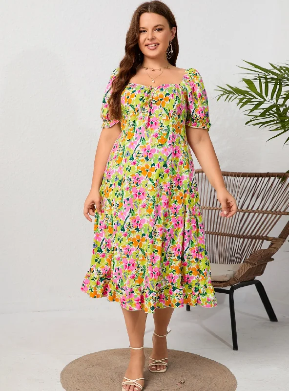 Square Neck Short Sleeve Printed Dress Preppy floral dresses