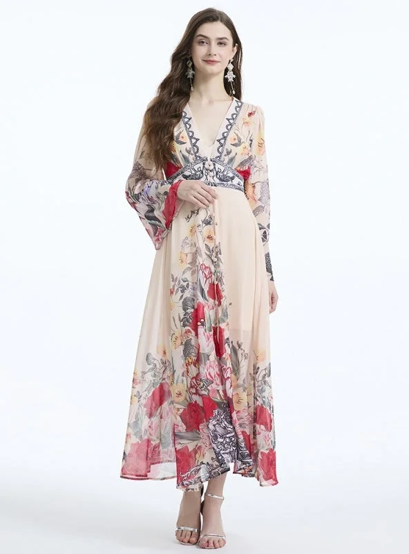 V-neck Flared Sleeve Printed Chiffon Dress Minimalist floral dresses