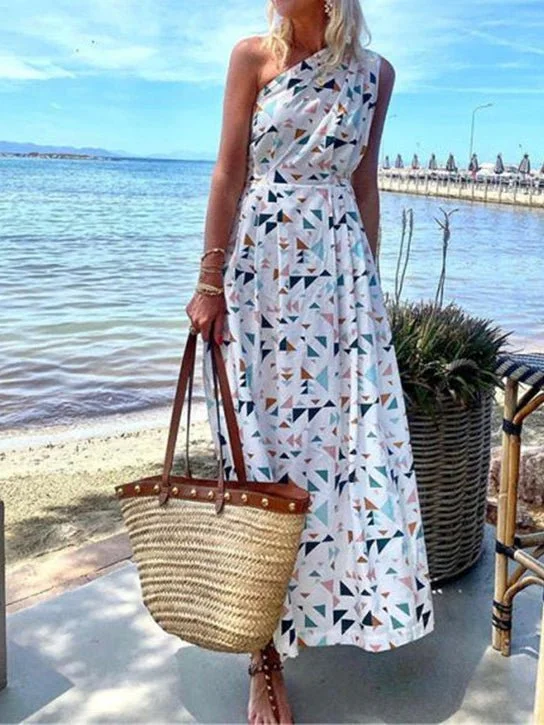 Women's Dresses Boho Print Sloping Shoulder Sleeveless Dress Tulle floral dresses