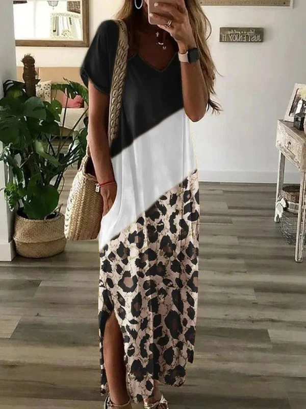 Women's Dresses Casual Leopard Print Slit Short Sleeve Dress Office floral dresses