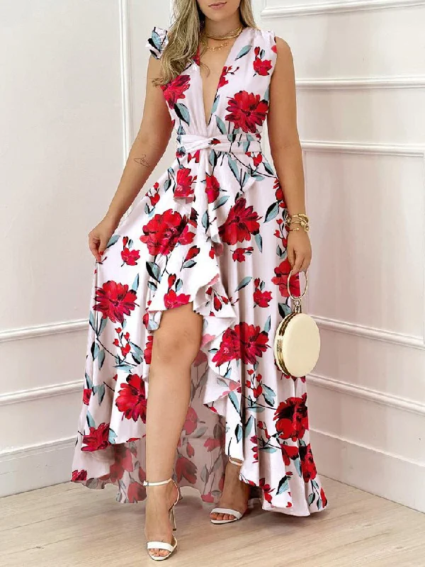 Women's Dresses Printed V-Neck Irregular Ruffle Dress Boohoo floral dresses