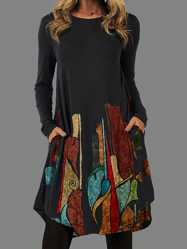 Graphic Print Dress with Long Sleeves and Pockets - Casual and Comfortable Date night floral dresses