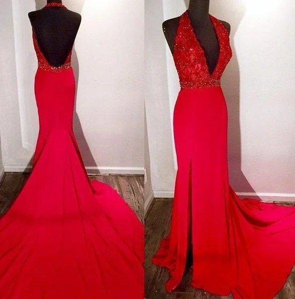 2024 Gorgeous Red Halter Side-Slit Mermaid/Trumpet Satin Prom Dresses Travel unclassified dresses