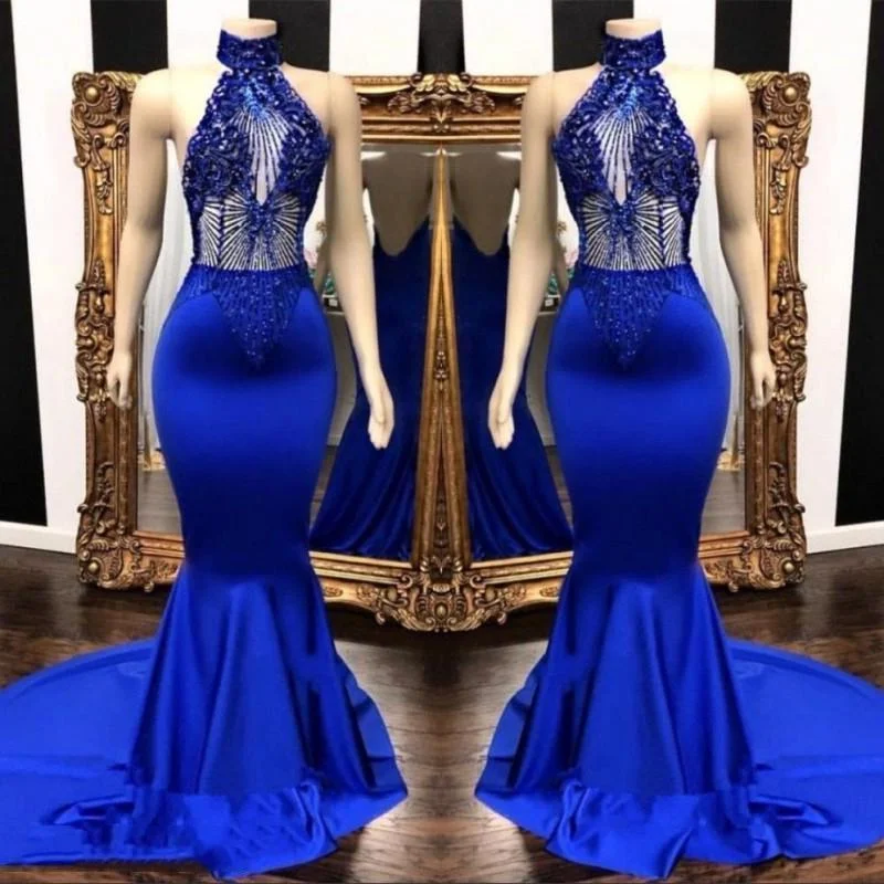 2024 High Neck Beaded Mermaid Royal Blue Prom Dresses Long unclassified dresses