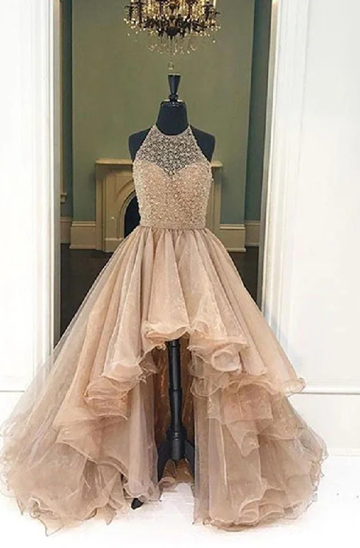 2024 Halter Beaded High Low Organza Champagne Prom Dresses Sleeveless unclassified dresses