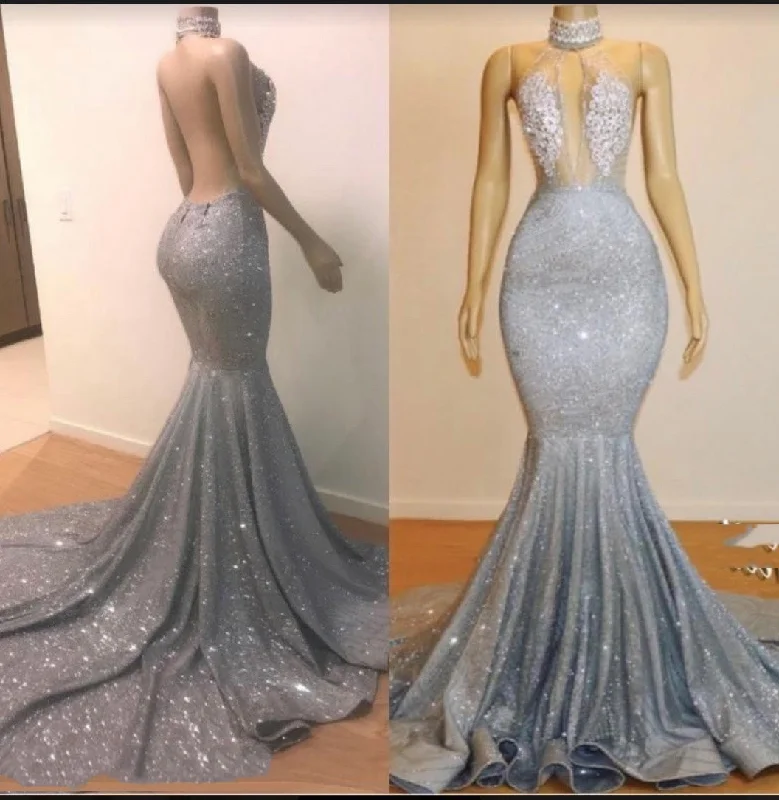 2024 High Neck Silver Backless Sexy Mermaid Prom Dresses Unique unclassified dresses