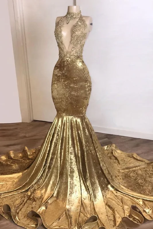 2024 Mermaid Gold Velvet High Neck V Neck Prom Dresses Open-back unclassified dresses