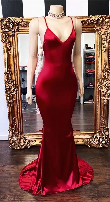 2024 New Arrival Red Mermaid V Neck Backless Elastic Satin Prom Dresses Party unclassified dresses