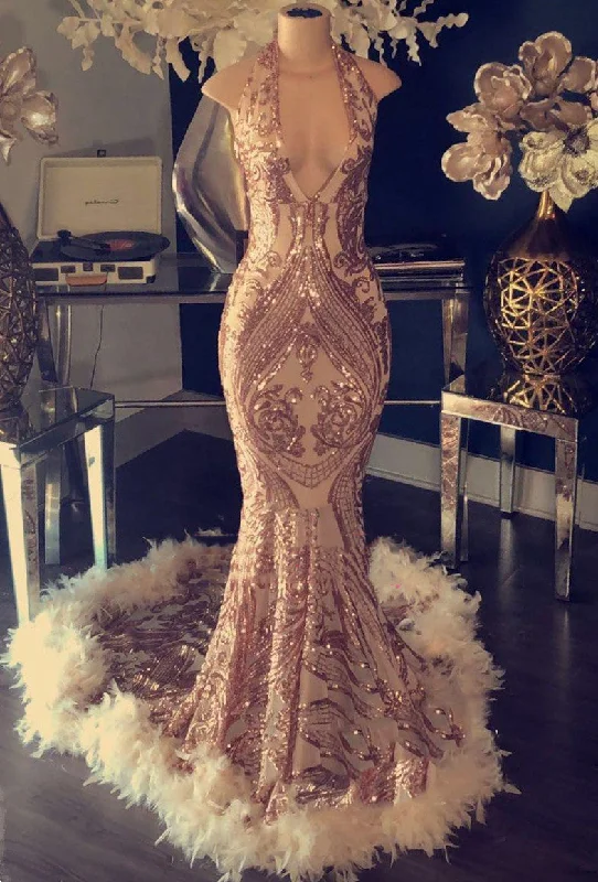 2024 Sexy Gold Sequence V Neck Halter Backless Feathers Prom Dresses Corset unclassified dresses