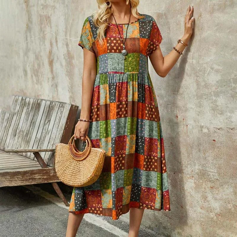 Aliana| Ethnic vintage check dress Breathable unclassified dresses