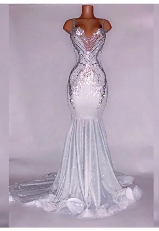 Alluring Silver Satin Beaded Mermaid Prom Dresses Flowy unclassified dresses