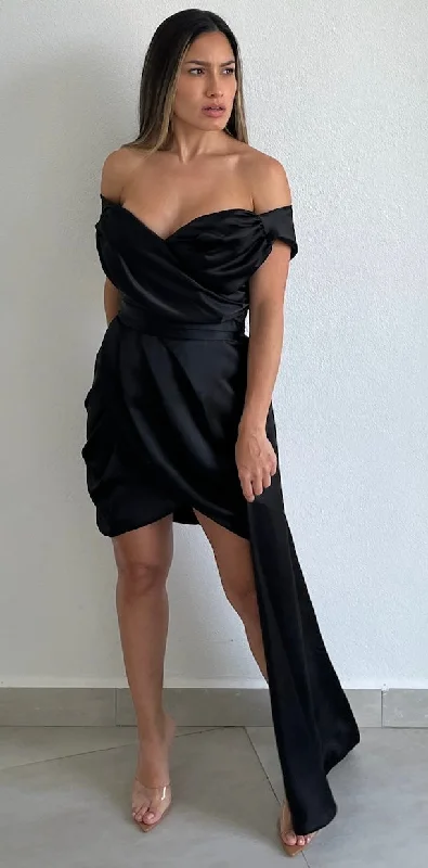 Always Celebrating Black Off-Shoulder Satin Dress Graduation unclassified dresses