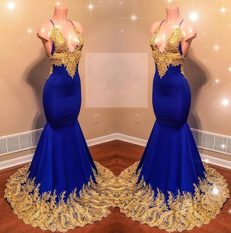 Amazing Royal Blue Mermaid With Gold Appliques Sweetheart Spaghetti Straps Backless Prom Dresses Open-back unclassified dresses