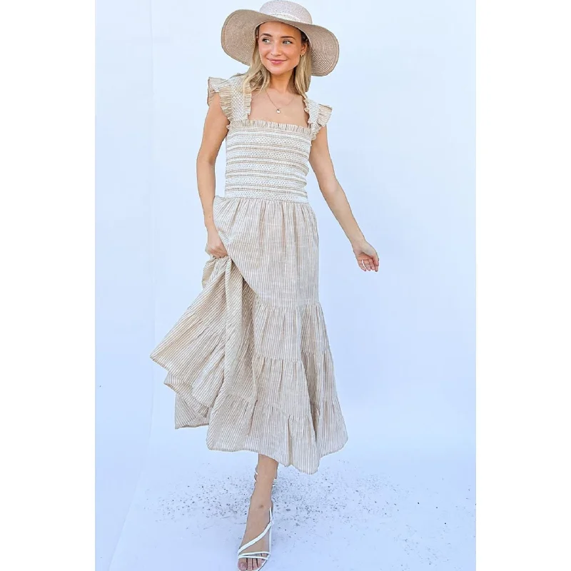 Walk On the Beach Linen Striped Ruffle Dress Beaded unclassified dresses