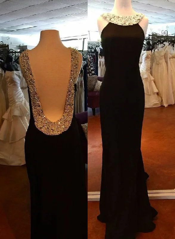 Backless Sleeveless Natural Beading Column/Sheath 2024 Junoesque Black Prom Dresses Ruched unclassified dresses