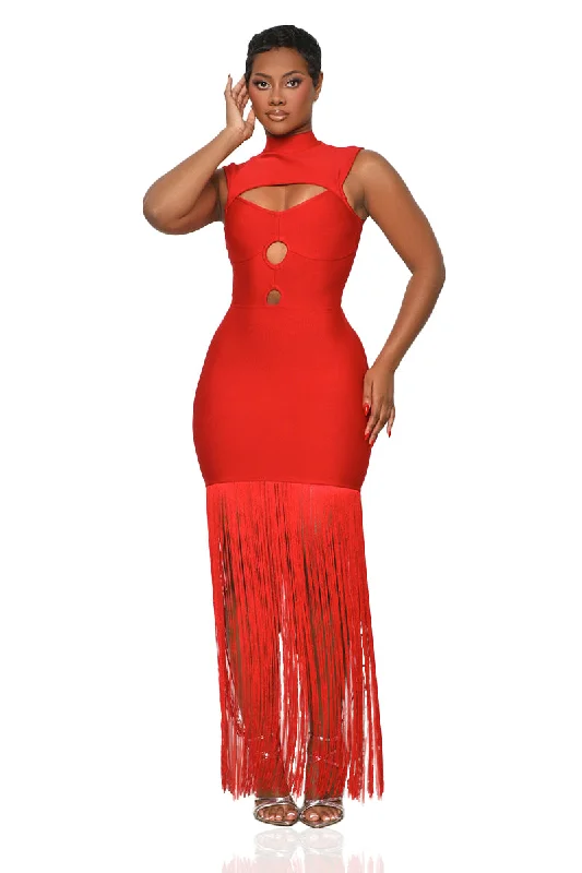 Ball Me Out Fringe Bandage Dress (Red) Lounge unclassified dresses