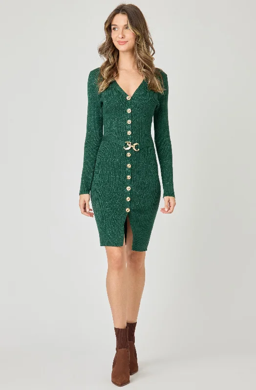 Belted Knit Lurex Dress with Gold Buttons Stylish unclassified dresses