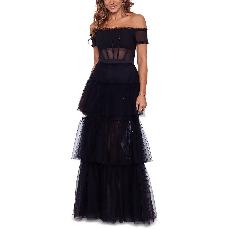 Betsy & Adam Womens Off-The-Shoulder Tiered Evening Dress Color block unclassified dresses