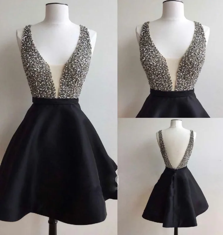 Black Satin V-back Rhinestone Little Black Juniors Homecoming Dresses Silk unclassified dresses