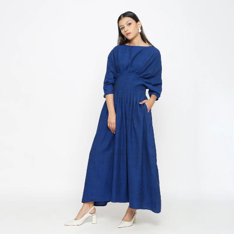 Blue Handspun Cotton Ankle Length Pleated Flared Dress Knitted unclassified dresses