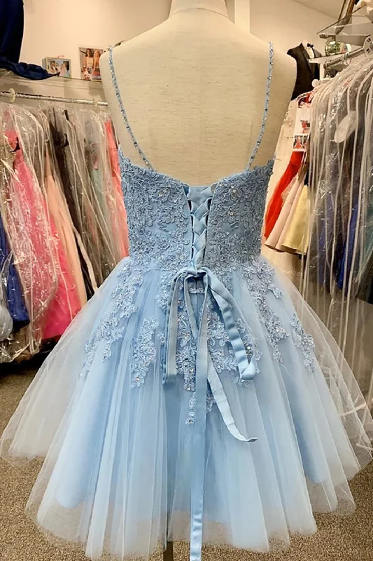 Blue Spaghetti Straps Homecoming Dress With Appliques Velvet unclassified dresses