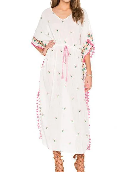 Bohemian embroidered ball pompoms drawstring tassel kimono-style dress Knitted unclassified dresses