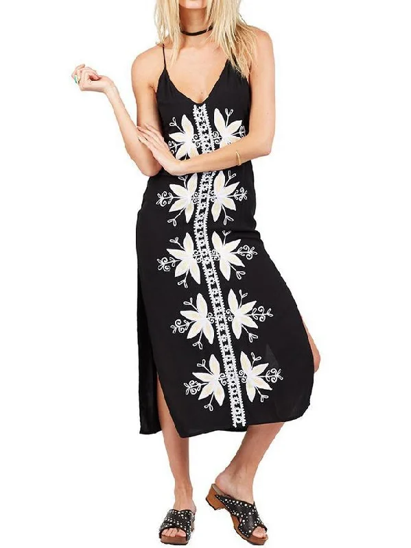 Bohemian vacation wind lapel embroidery harness split black dress dress Y2K unclassified dresses