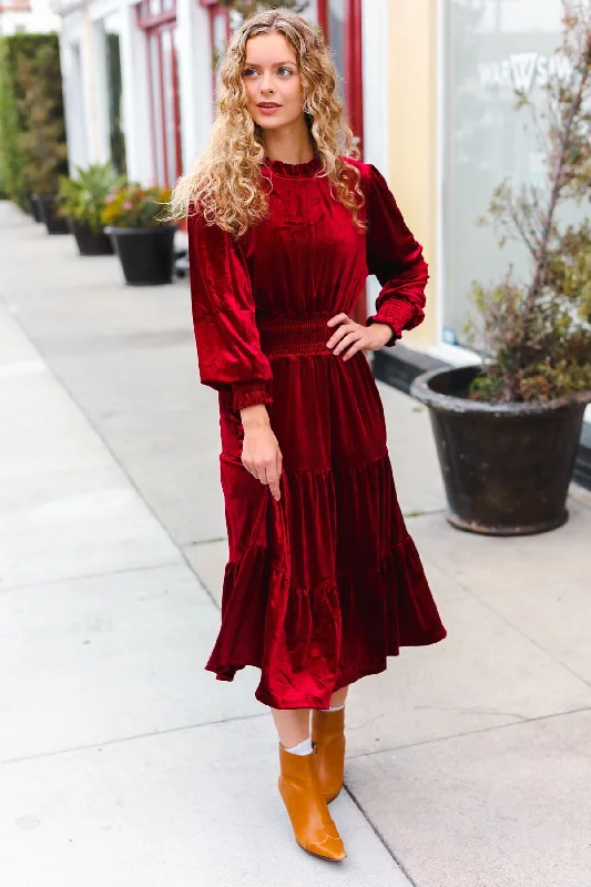 Holiday Dreaming Burgundy Velvet Mock Neck Smocked Waist Dress Vacation unclassified dresses