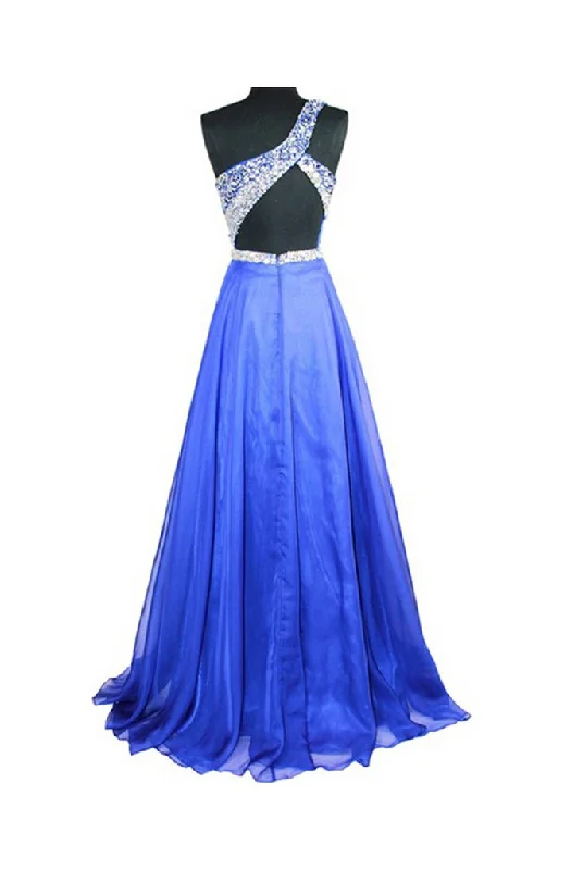 Cheap A Line Royal Blue Chiffon One Shoulder Beaded Prom Dresses Neutral tone unclassified dresses