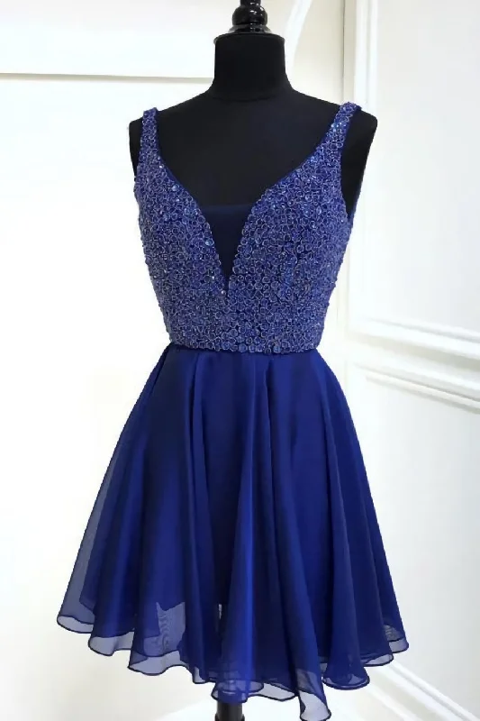 Chiffon A Line Royal Blue Deep V Neck Appliques Sparkle Sleeveless Homecoming Dresses Embroidered unclassified dresses