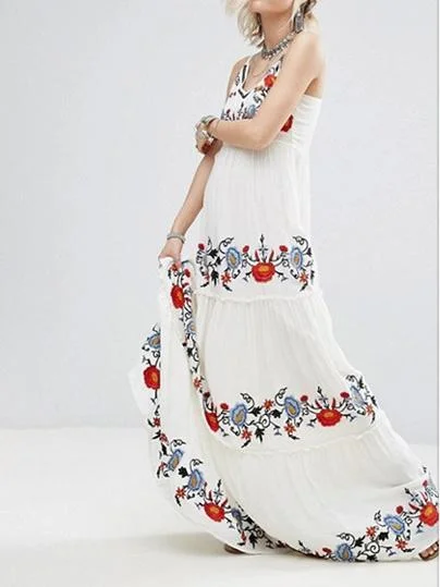 Colorful flower embroidery harness V-neck sleeveless embroidery dress Comfortable unclassified dresses