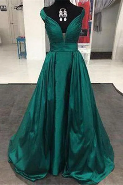 Dark Green A-Line/Princess V-Neck Sleeveless Natural Zipper Sweep Train Satin Prom Dresses Designer unclassified dresses