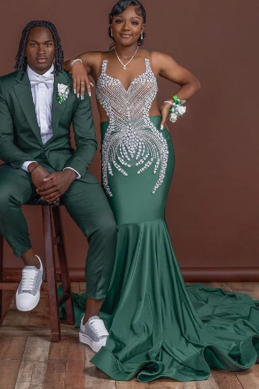 Dark Green Mermaid Floor length Prom Dresses with Silver Beads Casual unclassified dresses