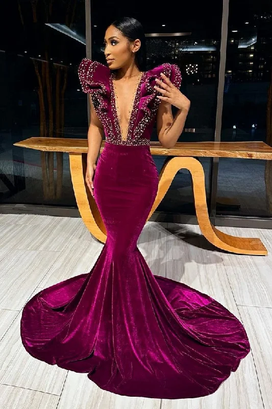 Deep V-Neck Mermaid Sweep Train Beading Prom Dress Ruched unclassified dresses