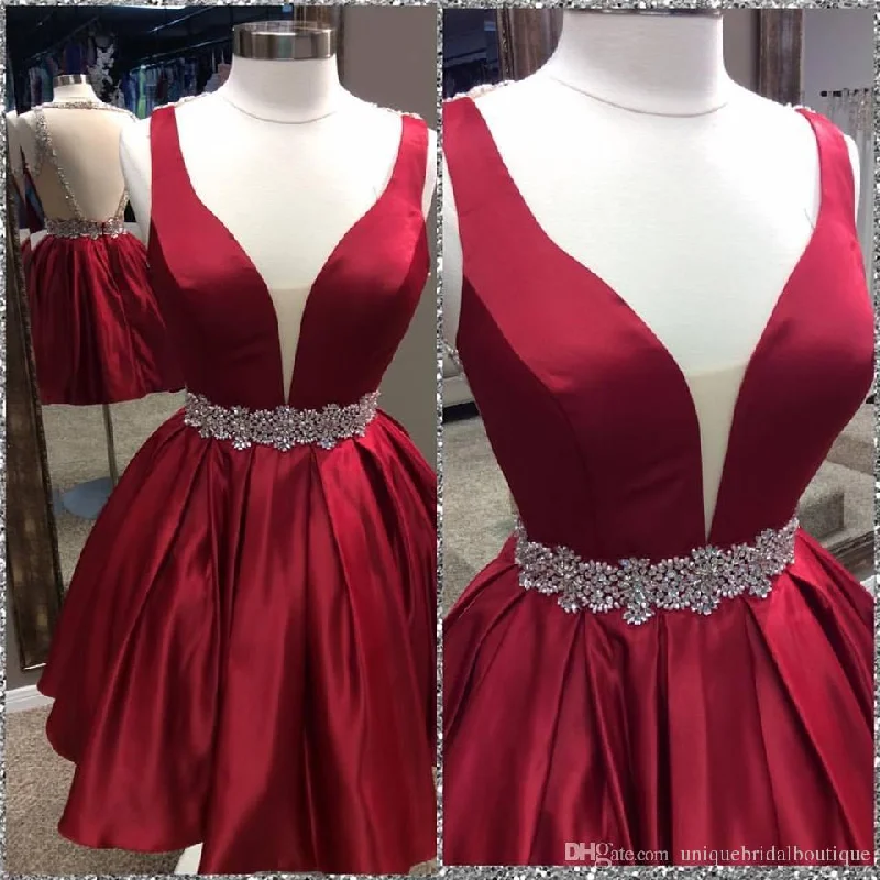 Deep V Neck Sleeveless Burgundy Pleated Satin Backless Homecoming Dresses Long unclassified dresses