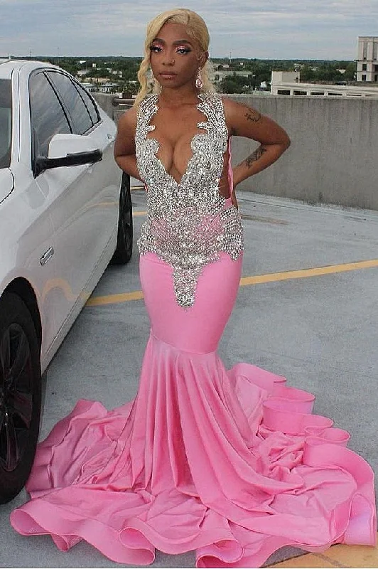 Elegant Pink Mermaid Court Train Prom Dresses wth Silver Beads Stretchy unclassified dresses