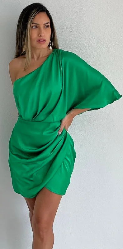 Elegant Poise Green One-Shoulder Satin Dress Backless unclassified dresses