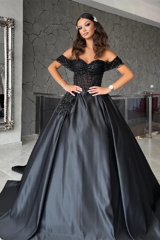 Elegant Sweetheart Off-the-Shoulder Black Prom Dresses with Beads Long sleeve unclassified dresses