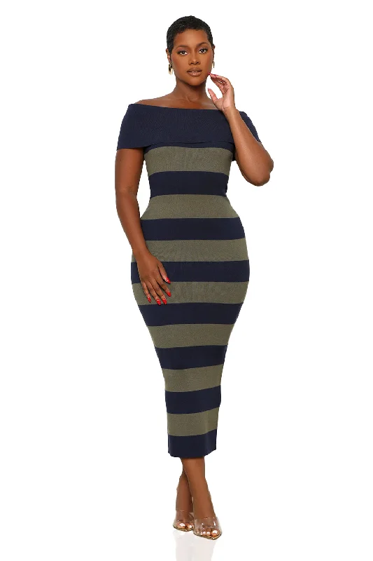 Fall In Love Stripe Off The Shoulder Dress (Olive/Navy) Sleeveless unclassified dresses