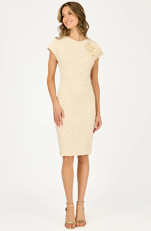 Fitted Bouclé Dress with Flower Boutonnière Color block unclassified dresses