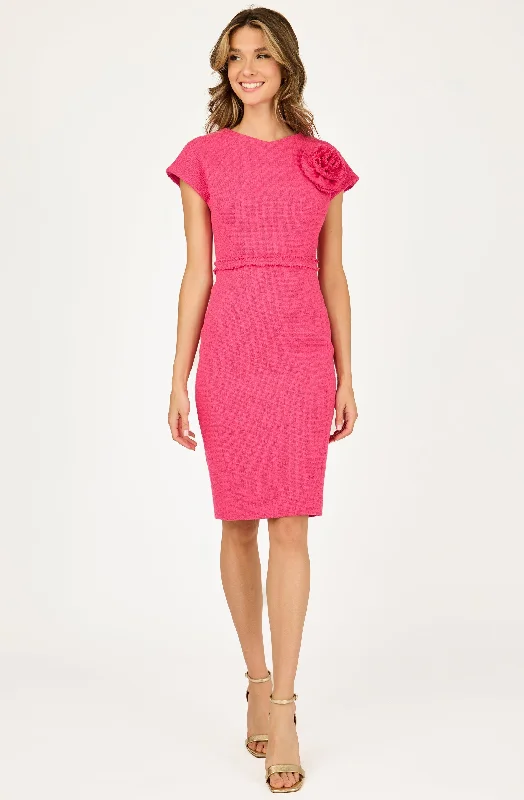 Fitted Bouclé Dress with Flower Boutonnière Preppy unclassified dresses