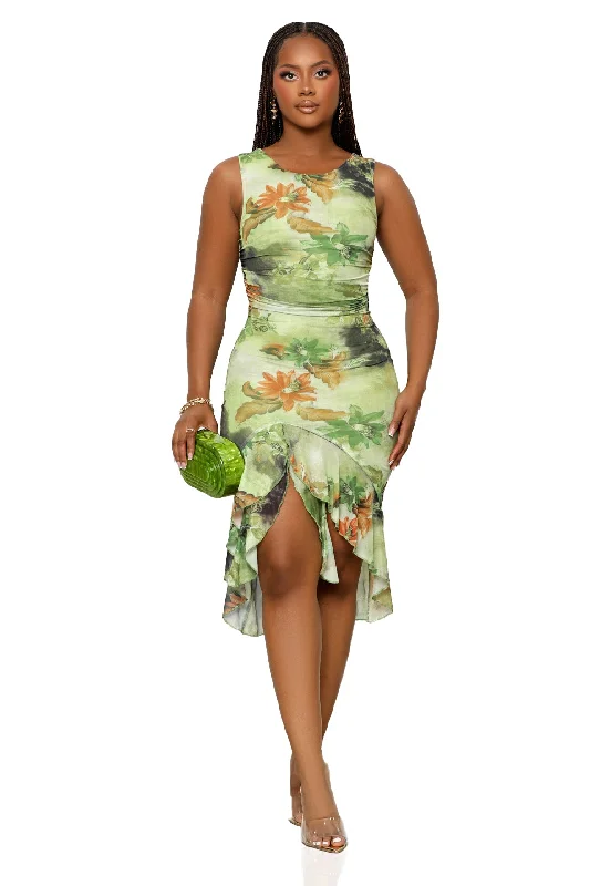 Forest Flowers High Slit Dress (Green Multi)-FINAL SALE Earthy tone unclassified dresses